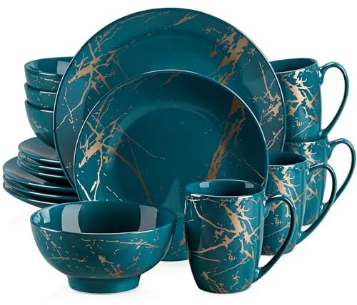 LOVECASA Serie Daphne Vajilla de Porcelana de Lujo, Juego de Vajilla de Conjunto de Oro Inlay para 4 Personas, Con 4 Cuencos, 4 Tazas, 4 Platos de Postre y 4 Platos de Cena Verde oscuro