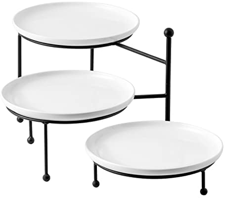 Kanwone 3 Tiered Serving Stand with White Porcelain Plates, 10 Round Tray, dessert table display set, Black Metal Stand, Versatile & Durable