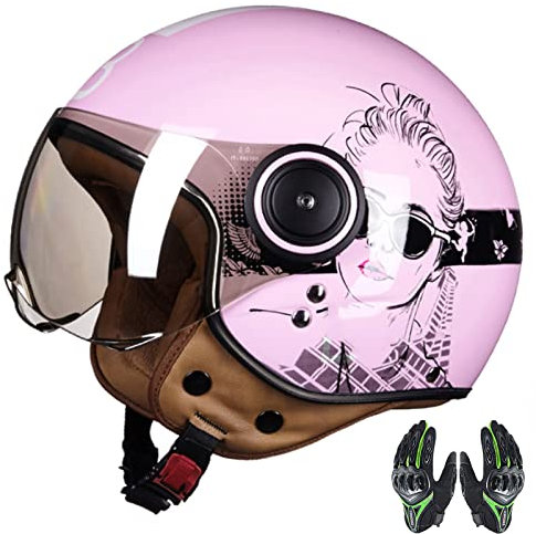 Casco Mezzo Caschi Da Motociclista 3/4 Scooter Casco Estivo Traspirante Casco Moto Demi-Jet Aperto Adulti Uomini Donne Retrò Vintage Casco Anti-Collisione Casco Modulare Certificazione ECE,Rosa,XL