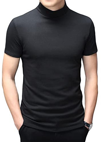 Herren-T-Shirt, kurzärmelig, Rollkragen, schmale Passform, Unterhemd, Pullover, Thermo-Top, Schwarz, Mittel