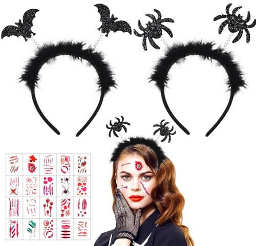 2 Stück Halloween Haarreif, Fledermaus Kostüm Damen, Kopfschmuck Haarschmuck Mit 20 Tattoos, Accessoires für Prank Horror Karneval Fasching