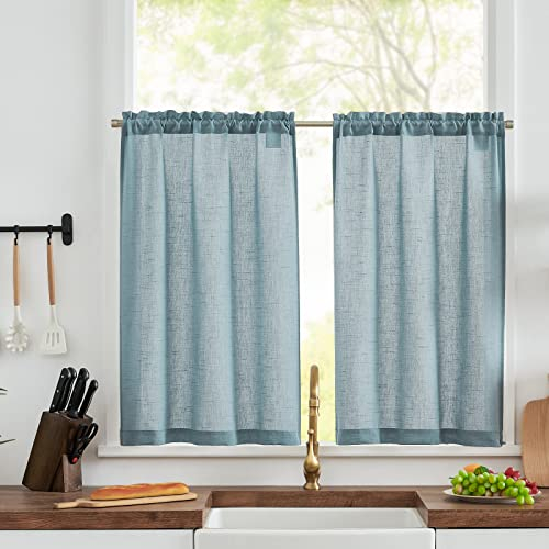 TOPICK Scheibengardinen Küche Blau Leinen Bistrogardine mit Tunnelzug Küchengardinen für Balkontür Wohnwagen Landhausstil Bauernhaus Gardinen Kurz Halbtransparente 2er Set 65Bx90Hcm
