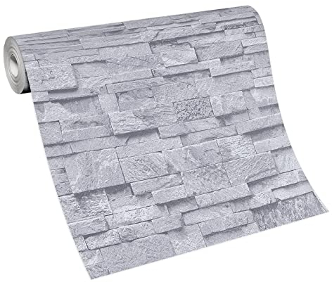 BRICOFLOR Steine Tapete | Bruchstein Tapete in Hellgrau | Papier Steintapete grau ideal für Flur und Wohnzimmer | Moderne Papiertapete in Naturstein Optik für Küche und Diele