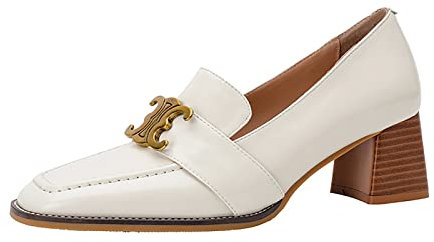 Escarpins Bout Fermé Escarpins Femme Talons Bloc Bout Carré 3.5CM Chaussure Femme Mariage Bureaux Cérémonie, Femme Chaussures,White,34 EU/3 US