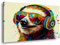 Visario Leinwand Bild Faultier Sonnenbrille Kopfhörer Nr 4048 80 x 60 cm Leinwand Bild Wanddeko hochwertig Wohnzimmer Büro Druck