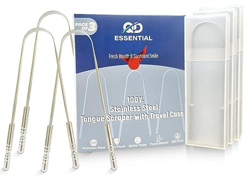 QD Essential Zungenschaber mit Reiseetuis (3er-Pack) | Verhindert Mundgeruch mit leicht zu tragendem Zungenreiniger, 100% Edelstahl Zungenschrubber für tägliche Hygiene und Mundpflege