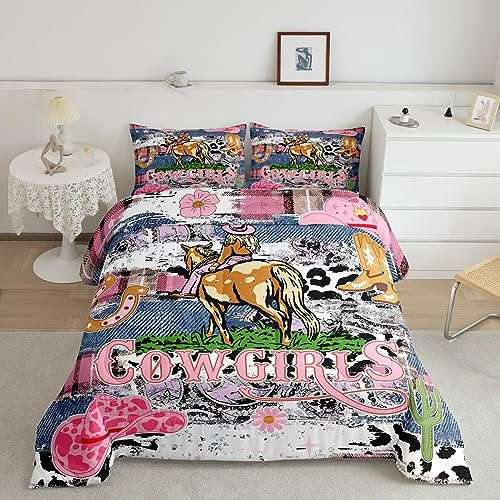 Western-Cowgirl-Bettwäsche-Set für Doppelbett, kariertes Steppdecken-Set für Mädchen, Damen, Jungen, Raumdekoration, amerikanischer Südwesten, rustikales Steppdecken-Set mit rosa Graffiti-Bettbezug, 1