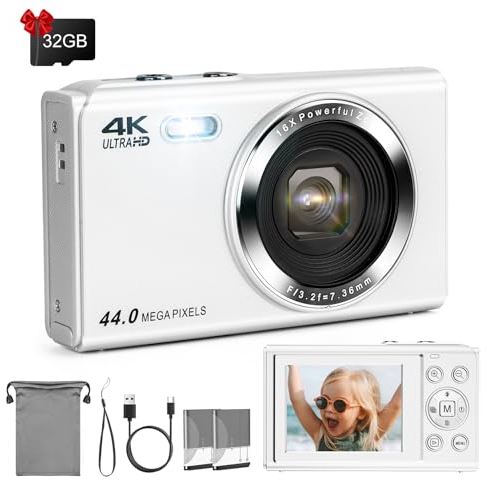 LAMA Appareil Photo numérique, Mini Appareil Photo numérique 4K 44MP, autofocus, Appareil Photo Compact, écran LCD 2,4, Zoom 16X, Flash avec Carte 32G,2 Batteries,Appareil Photo pour Enfants,Blanc