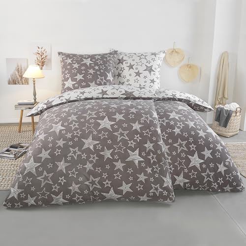 BaSaTex 135x200 Microfaser Flausch Bettwäsche Sterne grau Weiss Taupe Fleece Thermofleece 4tlg.Set