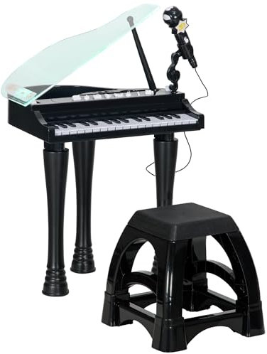 AIYAPLAY Piano Electrónico Infantil de 32 Teclas Juego de Piano con Micrófono Taburete Luces 22 Canciones 4 Sonidos Patas Desmontables y Volumen Ajustable 37x30,5x60,4 cm Negro