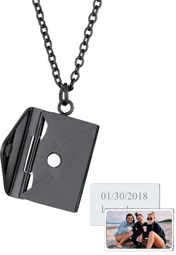 FindChic Edelstahl Foto Medaillon zum Öffnen Photo Kette Umschlag Anhänger mit Textgravur, Personalisiertes Geschenk für Paar Tochter, Schwarz