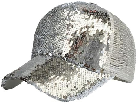 kawehiop Modische Pailletten Mütze mit glänzendem Messy Bun und Snap Back Mütze für Damen, leichte Polyester Sonnenkappe mit UV Schutz, sportlicher Stil, Silber