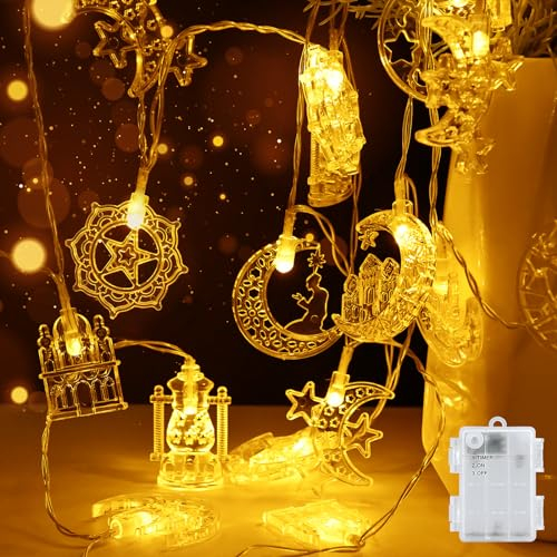 cshare Ramadan Eid Dekorationen Lichterkette, 1.5M 10LEDs Mubarak Islam Batteriebetrieben Stern Mond Lichterketten mit Timer IP65 Wasserdicht, für Ramadan Eid Party Home Garten Innen Außen-Kunststoff