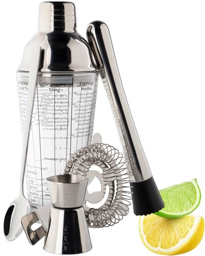 Taylor's Eye Witness Taproom 5pcs Silver Stainless-Steel & Glass Recipe Cocktail Shaker Set - Includes 400ml (14fl oz) Cobbler Shaker, Ice Strainer, 25ml/40ml Double Jigger, Muddler & Mixing Spoon.
