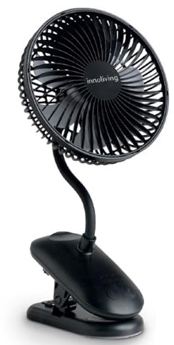 Innoliving Ventilatore Pieghevole Ricaricabile Senza Fili,Altezza Regolabile, 3 Velocità, Angolo 90°, Batteria Litio 1800mAh, Ricarica USB, Portatile, Conveniente (Nero, 15 cm Pieghevole con Clip)