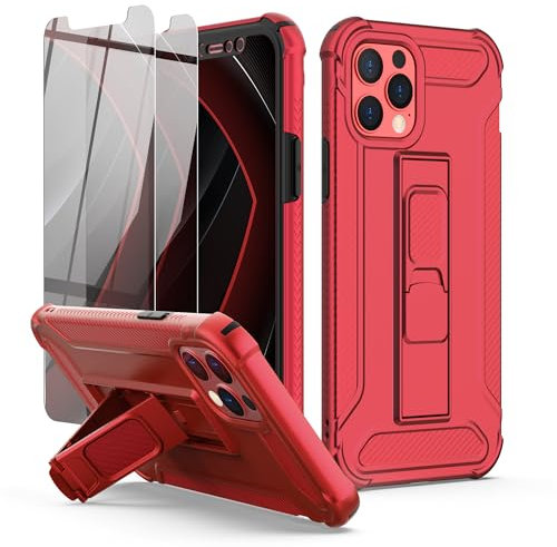 ORETECH for iPhone 12 Pro Max Case, [2 x Tempered Glass Screen Protector] [Built-in Kickstand] [Military Grade Shockproof] 4 in 1 Full Body Protective Silicone Bupmer Hard PC Phone Case Cover - Red