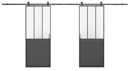 Vente-unique-Doppel-Atelier-Schiebetür mit Laufschiene - Schwarz & Sicherheitsglas mattiert - 2 x 205 cm x 73 cm - ARTISTO II