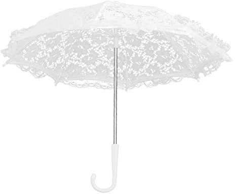 Msiud Weißer Vintage Spitzenschirm, 42x49cm Spitzen Stickerei Regenschirm J Griff Hochzeit Sonnenschirm Weiß Blumen Handwerks Hochzeitsschirm für Feier Fotografie Prop Brautpartei