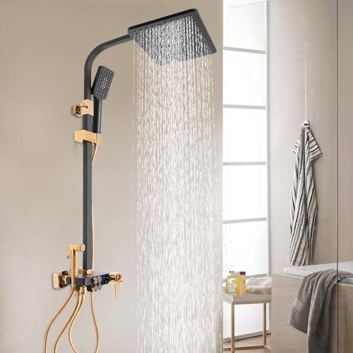 Système de douche avec thermostat, Colonne de Douche Mitigeur Complet avec Douche à Effet Pluie 29 x 19 cm, Affichage Numérique LED, Douchette à Main, 3 Types de Jet et Bec Inférieur