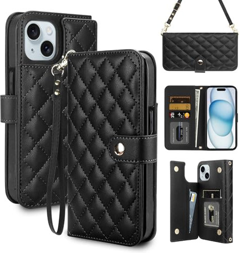Coolden for iPhone 15 Case Wallet with Card Holder [4 Card Slots] Shoulder Strap for Women PU Leather Flip Magnetic Clasp Heavy Duty Protective Shockproof Case Cover for iPhone 15 Phone Case-Black