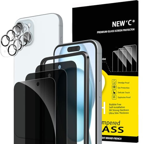 NEW'C Kit de 6, 3 x Verre Trempé Anti-Espion pour iPhone 15 (6,1) et 3 x Protection Caméra Arrière + Bouchon Anti-Poussière - Kit Outil d'Installation Facile-Angle de Confidentialité Amélioré à 28°