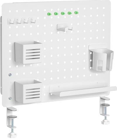 Ergolutions® Lochplatte Weiß Schreibtisch-Organizer mit Zubehör - Magnetische Lochwand für Büro & Werkstatt - Pegboard zur Tischbefestigung - Lochbrett Organizer für mehr Ordnung, 52 X 42,5 Cm