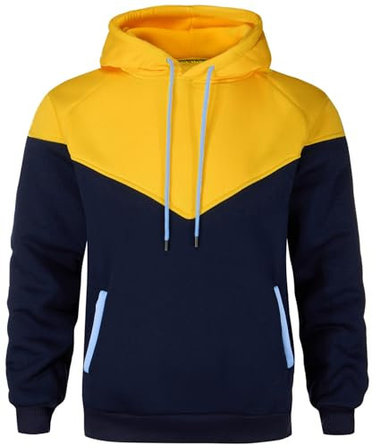comefohome Mens Hoodies UK Pullover Color Block Sweatshirts Long Sleeve Fleece Hoody Drawstring Casual Designer Tops with Pockets Yellow Navy L