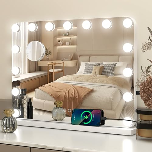 YU YUSING Hollywood Schminkspiegel mit Beleuchtung 58x45cm,15 Dimmbare Groß LED Licht, Kosmetikspiegel 3 Modi, Touch Control, Tischspiegel Wandspiegel, Schlafzimmer Schminktisch, Abgerundeten Ecken