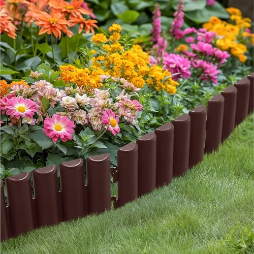 Navaris Garden Edging - Easy Installation Log Roll Border Edging Garden Plastic - Flexible Wooden Style Garden Flower Bed Lawn Edge Borders Edging - 30x Ground Stakes Set - Brown