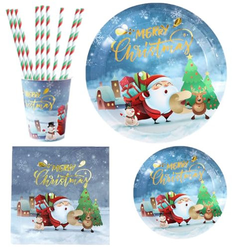 LGWJHCY Noël Vaisselle Fête Kit, Ensemble Vaisselle Noël Spécialement Conçu pour la Maison, Décoration d'Noël Fête sur Le Thème de la Noël, Assiettes, Gobelets et Serviettes Table-Style Bleu