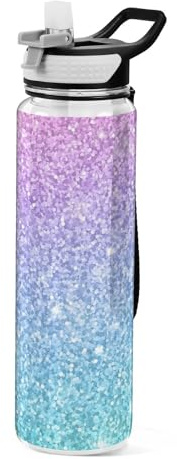 Mnsruu Bouteille d'eau transparente avec paille - Gourde anti-fuite - Rose et bleu pailleté - Pour le sport, le bureau, l'école - Plastique Tritan sans BPA - 1 litre