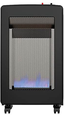 Chauffage à gaz d'intérieur, flamme bleue, design compact, couleur noire, idéal pour chauffer les espaces et une utilisation domestique.