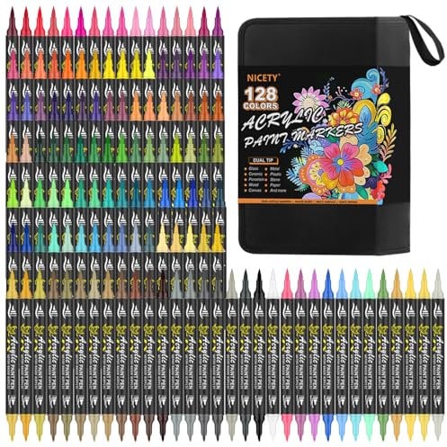 NICETY 128 Pcs Felt Acrylic Paint Pen - Acrylic Paint Marker for Wood, Canvas, Glass, Ceramics - Water based Paint Marker with 0.5~5 mm Double Fine Point & Brush