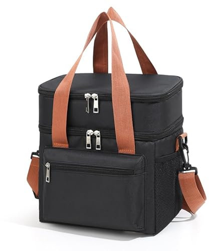 HFLZBRO Borsa Termica Grande per Pranzo, Borsa Pranzo Lavoro, con Doppio Scomparto Impermeabile e Tracolla Regolabile - Ideale per Ufficio, Picnic, Viaggi e Spiaggia (BLACK, LARGE)