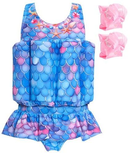Summshall Maillot de bain pour bébé fille avec flotteur - Aide au flottement pour bébés - Maillot de bain en une pièce pour bébés nageurs, Bleu/rose, 3-4 ans