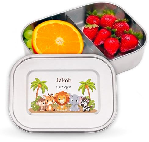 LAUBLUST Personalisierte Brotdose für Kinder mit Fächern aus Edelstahl | Safari - ca. 800 ml & ca. 1400 ml Jausenbox | Lunchbox für Mädchen & Jungen - Bento Box für Schule & Kindergarten auslaufsicher