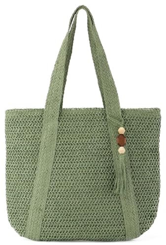 Strohtasche Damen Groß Stroh Umhängetasche Schultertasche, Sommer Gewebte Handtasche Stroh Strandtasche Für Damen, Boho Stil Crossbody Tasche Shopper Für Strand, Reisen, Urlaub, Shopping (Grün)