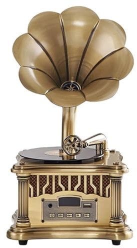 Grammofono vintage con giradischi Bluetooth, radio FM e telecomando, corno in metallo retrò per decorazione domestica e intrattenimento