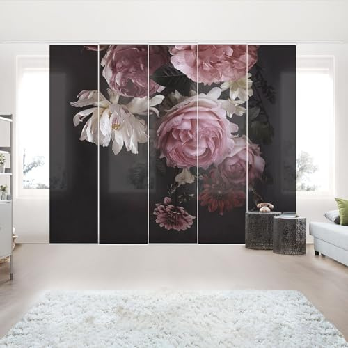 micasia Schiebegardine halbtransparent 60er Paneel Klett Blumen Textil lichtdurchlässig - Rose Vintage Flächenvorhang rosa Wohnzimmer Schlafzimmer 2457 (300x250 cm - 5er Set)