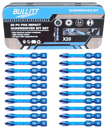 BULLITT Screwdriver Bits Set,20 Pcs 50mm PH2 Impact Screwdriver Bits with 1/4 Hex Shank, Single Ended Impact Driver Bits Phillips No.2 Heavy Duty,S2 Steel with Magnetised Tip in One Tin Box