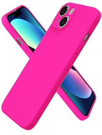 oakxco for iPhone 13 Case Silicone, Ultra Slim Thin Phone Case for Women Girls, Plain Solid Color Minimalist Aesthetic Cute Girly Design, Soft Rubber Gel TPU with Camera Cover, Neon Hot Pink