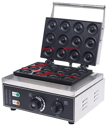 Donut Maker - Macchina elettrica per ciambelle, 1550 W, 12 scomparti, con acciaio inox e rivestimento antiaderente, 5 minuti, 34 x 27 x 23 cm, in acciaio inox, per ciambelle domestiche e commerciali
