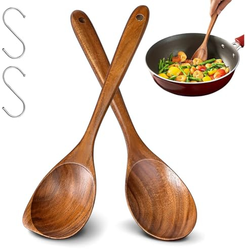 2Pcs Wooden Spoons for Cooking - Heat Resistant Wooden Utensils, Natural Teak Wood Corner Spoon and Round Spoon, Good Grip Wooden Spatula Non Stick Kitchen Utensil
