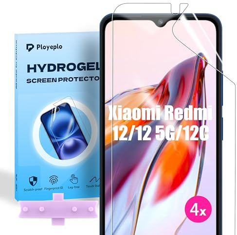 Ployeplo 4 Piezas Películas de Hidrogel para Xiaomi Redmi 12/12 5G/12C | HD Protector de Pantalla de TPU Suave Transparente con Una Posicionador Fácil Instalación(no vidrio templado)
