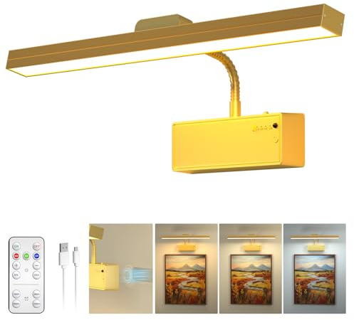 Applique Murale pour Tableaux, Eclairage Tableau sans fil Rechargeable 3000mAh avec Télécommande et Minuterie, Lampe Murale LED Magnétique Dimmable pour Art, Galerie, Cible de Fléchettes, Or