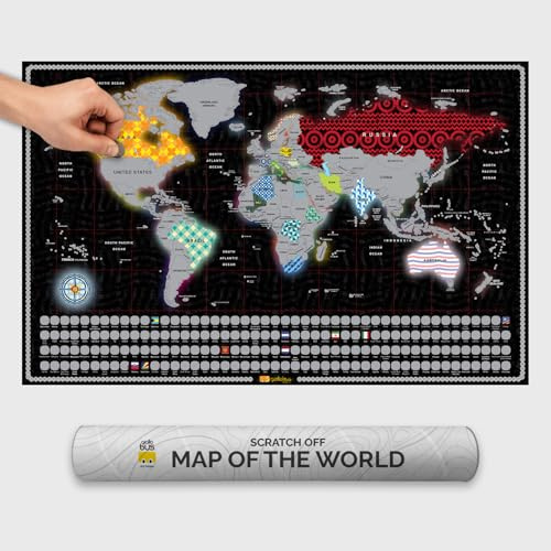 Giallobus - Rubbel-Weltkarte - Rubbelkarte Welt - Beschichtetes Papier - 68L x 43,5l cm - 01 - GlowMap - Rubbelkarte mit Flaggen - Silber