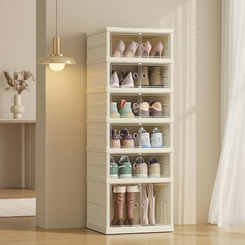SONGMICS Schuhschrank, Schuhregal schmal, Schuh-Organizer klappbar, durchsichtige Tür, für 12 Paar Schuhe, für Stiefel, Turnschuhe, Flur, Wohnzimmer, 6 Ebenen, cremeweiß LSP912WD01