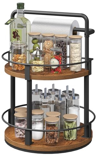 MAHANCRIS Gewürzregal, 2-stufiger Drehbarer Organizer Küchenregal, 30 x 30 x 43,2 cm, Kreisdrehbares Gewürzregal Stehend, Gewürzständer für Küche und Esszimmer, Vintagebraun und Schwarz ASPHR17801