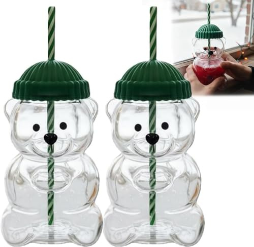 2026 Nouvelle Tasse Bear Straw - Verre à Boire Transparent avec Couvercle en Forme d'Ours, Tasse à Paille Design pour Jus, Lait, Thé et Café, Cadeau de Noël Mignon pour Enfants et Adultes (2PCS)