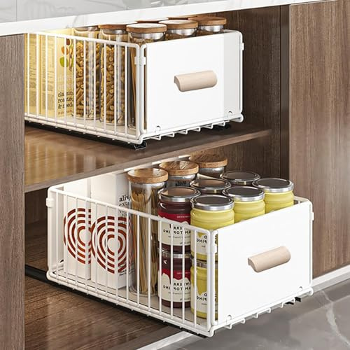 Kongming Ausziehbare Schublade Küche 24x40x18cm Metall Schubladenauszug | Küchenschrank Organizer Weiß für Vorräte Gewürze Konserven 2Stk pulverbeschichtet rostbeständig